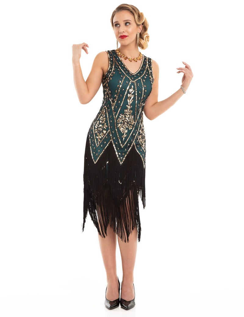 PrettyGuide Women's Roaring 20s Dress Vintage Swing Fringed Flapper Dress with 20s Accessories Set Gold Malachite Green S - Image 2